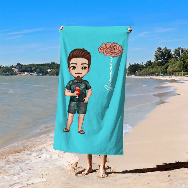 Asciugamano da spiaggia oversize personalizzato con nome e fiore di nascita personaggio in stile cartone animato asciugatura rapida regalo per amici