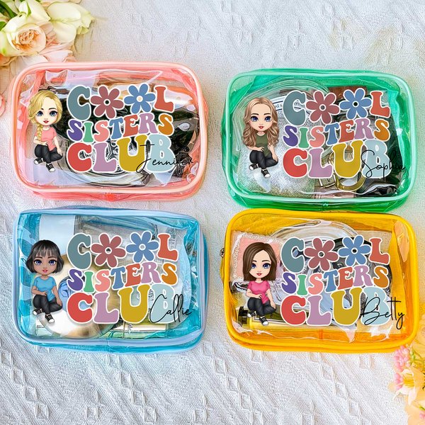 Personalized Clear Cool Sisters Club Cartoon Character Waterproof Makeup Bag with Name Anniversary Birthday Gift for Women Girls