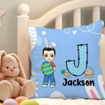 Cojín de Pascua personalizado con el nombre del niño, la niña y el huevo de Pascua de dibujos animados.