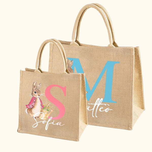 Borsa di juta personalizzata con design del coniglio Peter Rabbit iniziale e nome adatto per la caccia alle uova di Pasqua regalo per bambini