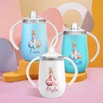 Personalized Cute Peter Rabbit 10 oz Name Insulated Sippy Cup with Flower Basket Eggs Design and Handle Easter Birthday Gift for Toddlers Kids
