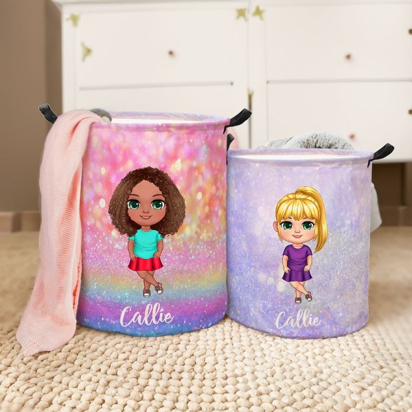 Personalized Faux Glitter Cartoon Character Large Name Collapsible Laundry Storage Basket with Handle Housewarming Birthday Gift for Boys Girls