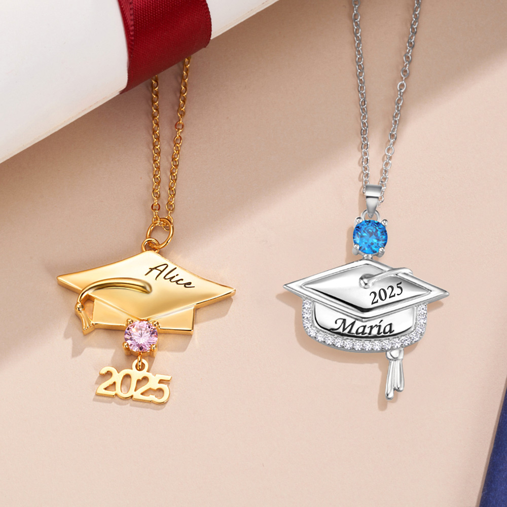 Collier de pierres de naissance avec nom et année gravés Cadeau d'anniversaire de fin d'études pour les diplômés