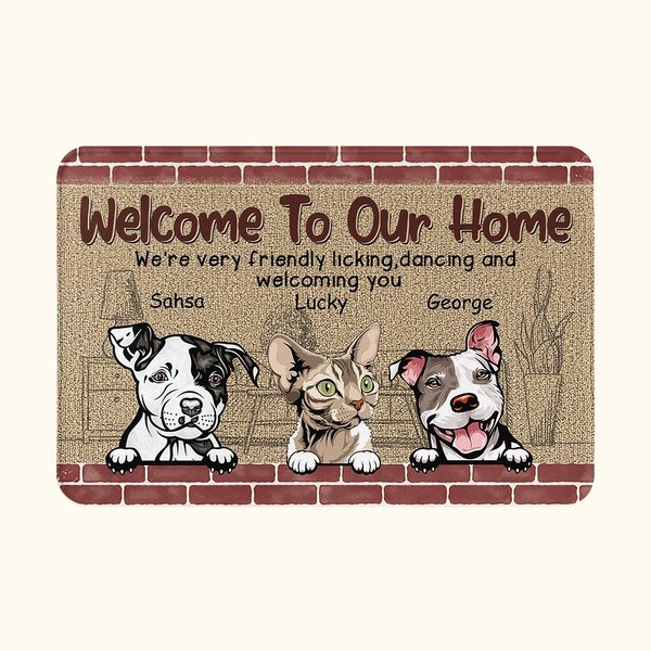 Personalizzato Welcome To Our Home We're Friendly Licking Dancing And Welcoming You Stuoia della porta Decorazione per la casa Regalo di Natale di compleanno per il proprietario dell'animale domestico