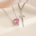 Personalized Heart-shaped and Gothic Sword Pendant Matching Necklace Set with Birthstone and Zircon Anniversary Birthday Gift for Couples