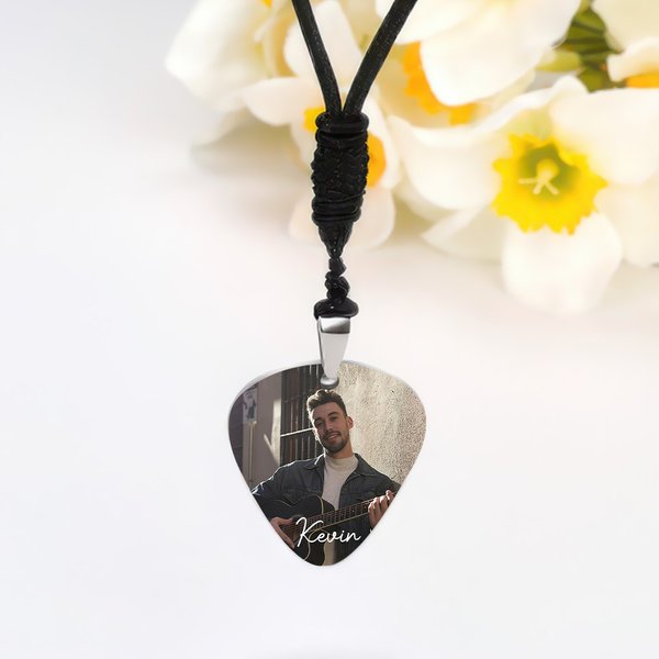 Personalized Guitar Pick Woven Cord Necklace with Photo and Name Music Performance Accessory Birthday Gift  for Guitar Players Musician