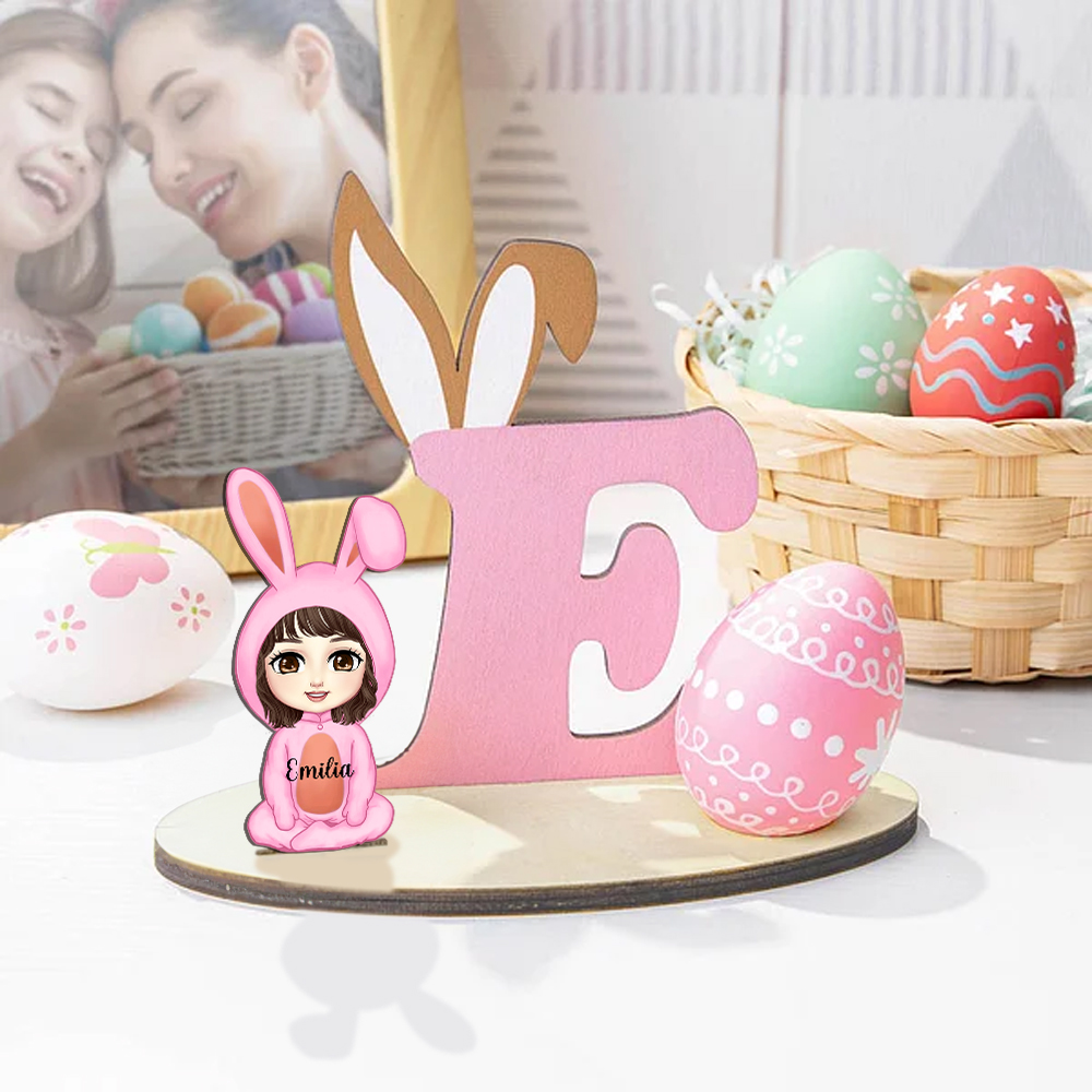 Personnalisé Lapin de Pâques Onesie Cartoon Character Initial Wooden Easter Egg Holder with Name Birthday Holiday Party Favor Gift for Kids