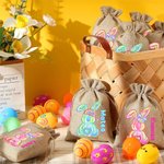 Personalized Cute Easter Bunny Burlap Drawstring Gift Bag with Name Easter Holiday Party Favors Gift for Boys Girls