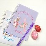 Personalised Cute Bunny Floral Initial A5 Spiral Lined Notebook and Pen Set with Name Happy Easter Birthday Gift for Boys Girls