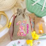Personalized Cute Easter Bunny Burlap Drawstring Gift Bag with Name Easter Holiday Party Favors Gift for Boys Girls