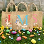 Borsa di juta personalizzata con design del coniglio Peter Rabbit iniziale e nome adatto per la caccia alle uova di Pasqua regalo per bambini