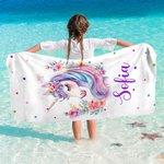 Asciugamano da spiaggia personalizzato oversize ad asciugatura rapida fantasia unicorno con nome vacanze estive regalo di compleanno per ragazze