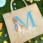 Borsa di juta personalizzata con design del coniglio Peter Rabbit iniziale e nome adatto per la caccia alle uova di Pasqua regalo per bambini
