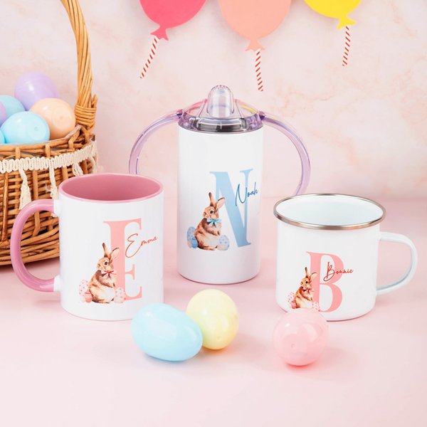 Personalised Cute Bunny Initial and Name 11oz Ceramic Mug 12oz Enamel Mug Sippy Cup Easter Party Favor Gift for Kids