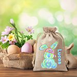 Personalized Cute Easter Bunny Burlap Drawstring Gift Bag with Name Easter Holiday Party Favors Gift for Boys Girls