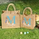 Borsa di juta personalizzata con design del coniglio Peter Rabbit iniziale e nome adatto per la caccia alle uova di Pasqua regalo per bambini