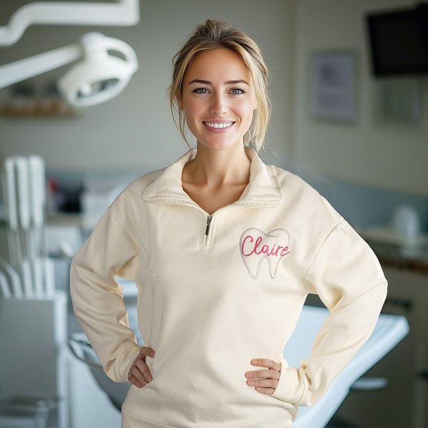 Personalized Embroidered Tooth Dental T-shirt Zip Collared Sweatshirt with Name Birthday Appreciation Gift for Orthodontist Dental Assistant Hygienist