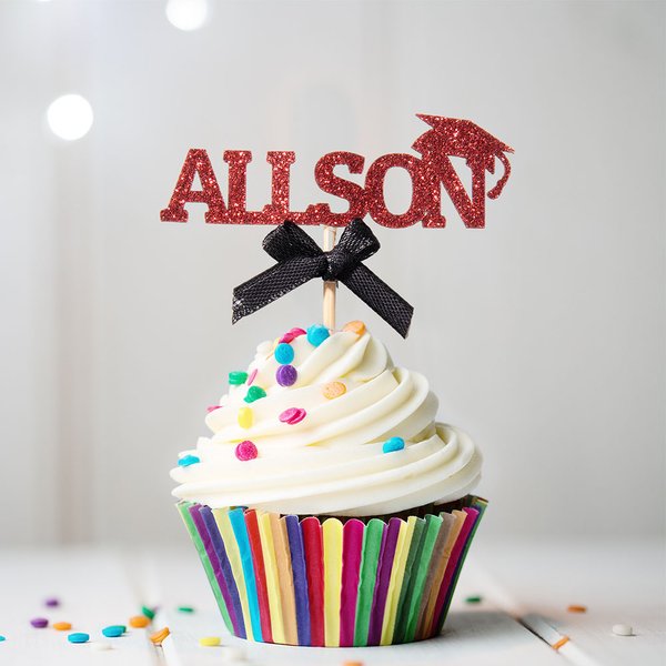 Personalized Multicolor Glitter Bachelor Hat Bow Reusable Set of 5 Cupcake Toppers with Name Birthday Graduation Party Decor Gift for Graduates