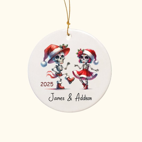 Personalized Cute Dancing Skeletons Ceramic Ornament with Name and Year Funny Holiday Decoration Day of The Dead Gift for Couple