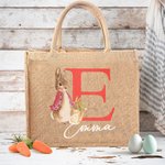 Borsa di juta personalizzata con design del coniglio Peter Rabbit iniziale e nome adatto per la caccia alle uova di Pasqua regalo per bambini