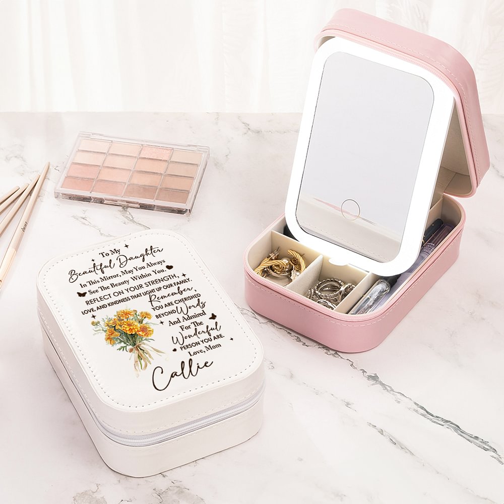 Boîte à bijoux en cuir avec miroir de maquillage ajustable à LED trois couleurs Cadeau d'anniversaire et de mariage pour les femmes et les filles