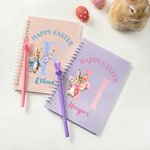 Personalised Cute Bunny Floral Initial A5 Spiral Lined Notebook and Pen Set with Name Happy Easter Birthday Gift for Boys Girls