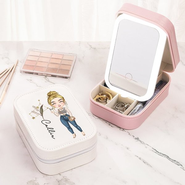 Personalised Zodiac Birth Flower Cartoon Character PU Leather Jewellery Box with Name and LED Makeup Mirror Birthday Mother's Day Gift for Women