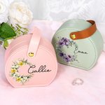 Personalised Birth Flower Wreath Name Portable Leather Travel Jewellery Case with Handle Birthday Bridesmaid Mother's Day Gift for Women