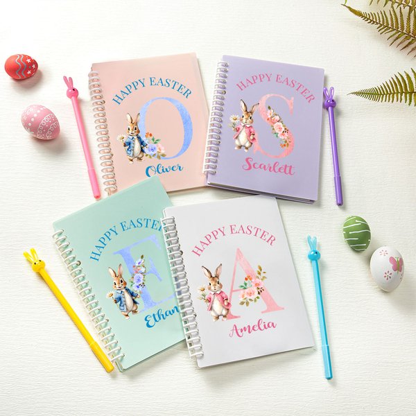 Personalised Cute Bunny Floral Initial A5 Spiral Lined Notebook and Pen Set with Name Happy Easter Birthday Gift for Boys Girls