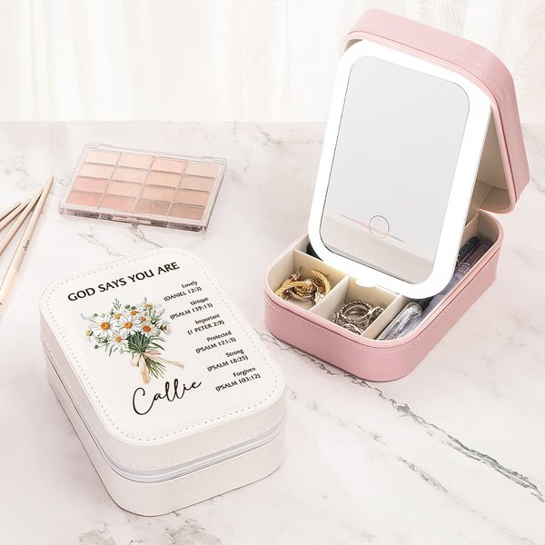 Coffret à bijoux de voyage avec nom et miroir de maquillage LED à couleurs changeantes Cadeau d'anniversaire et de mariage pour femmes