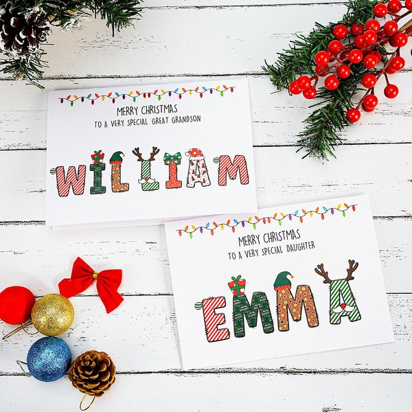 Personalised Merry Christmas Doodle Alphabet Greeting Card with Title and Name Christmas Party Gift for Family Members