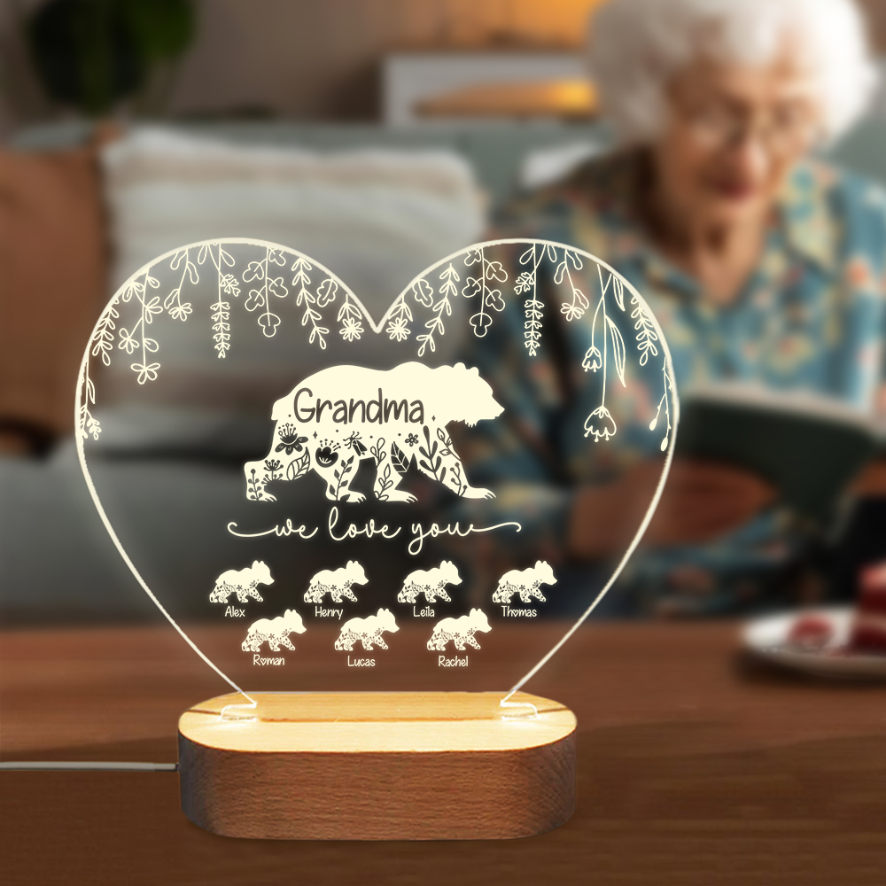Veilleuse LED personnalisée avec 1-12 noms d'enfants et base en bois Cadeau d'anniversaire pour Maman Grand-mère