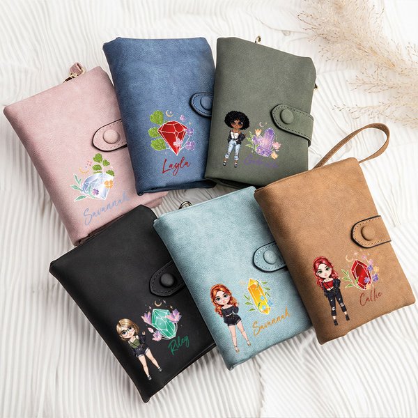 Personalisierte Cartoon Mode Mädchen Birthstone PU Leder dreifach gefaltet Name Brieftasche mit Karteninhaber und Handgelenk Armband Geburtstag Geschenk für Mädchen Frauen