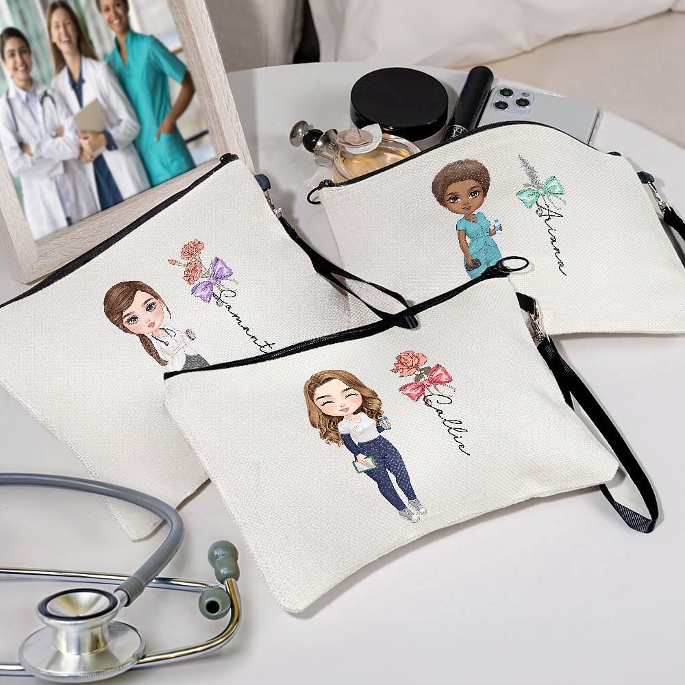 Stethoscope à nœud personnalisé Fleur de naissance Sac cosmétique avec nom et bracelet Cadeau d'appréciation de la semaine de l'infirmière pour le personnel médical