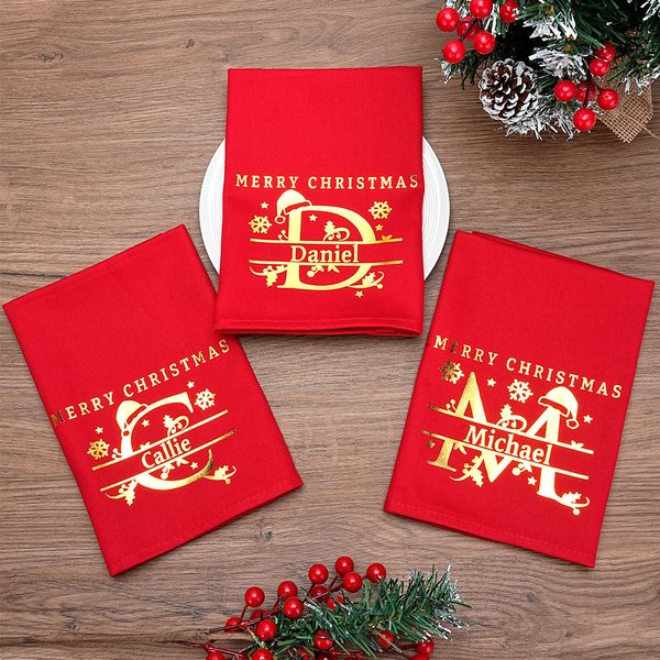 Henkilökohtainen Gold Silver Lumihiutale Santa Hat Initial Reusable lautasliina nimellä Merry Christmas Table Decor Housewarming lahja perheelle ystävä