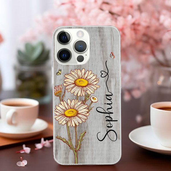 Personalized Vintage Birth Flower Slim Phone Case for iPhone with Name Electronic Accessories Birthday Gift for Women