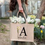 Gepersonaliseerde Duurzame Geboortebloem Jute Tote Bag met Naam Initiaal Tas Verjaardag Bruiloft Feest Cadeau voor Vrouwen