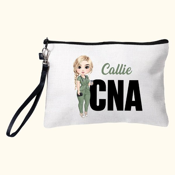 Personalized Cartoon Medical Character Linen Wristlet Makeup Bag with Name and Occupation Birthday Gift for Nurse Doctor Medical Staff