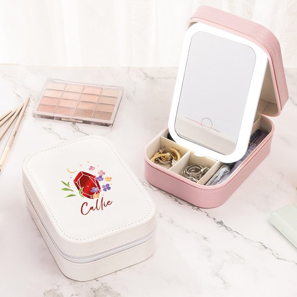 Personalized Floral Birthstone Name Jewelry Box with Adjustable LED Makeup Mirror Travel Essentials Birthday Gift for Women