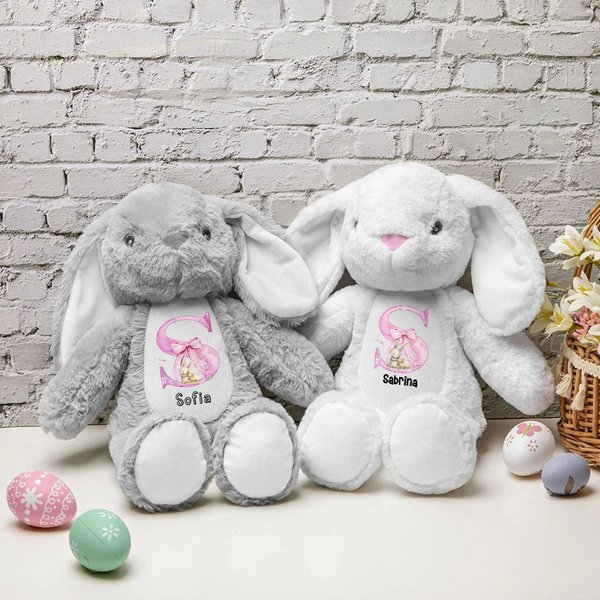 Coniglio di peluche personalizzato con design pasquale e fiocco rosa elegante con iniziale e nome regalo di Pasqua per bambini