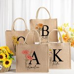 Gepersonaliseerde Duurzame Geboortebloem Jute Tote Bag met Naam Initiaal Tas Verjaardag Bruiloft Feest Cadeau voor Vrouwen