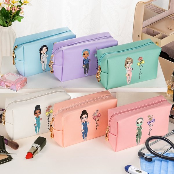 Personalized Bow Stethoscope Birth Flower PU Leather Cosmetic Bag with Name Birthday Appreciation Nurse Week Gift for Medical Staff
