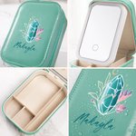 Personalisierte Floral Birthstone Name Schmuck-Box mit einstellbaren LED Make-up Spiegel Reise Essentials Geburtstag Geschenk für Frauen