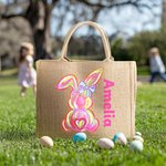 Personalisierte bunte niedliche Hase Jute Tasche mit Namen Tote Bag Ostereierjagd Party Geschenk für Jungen Mädchen