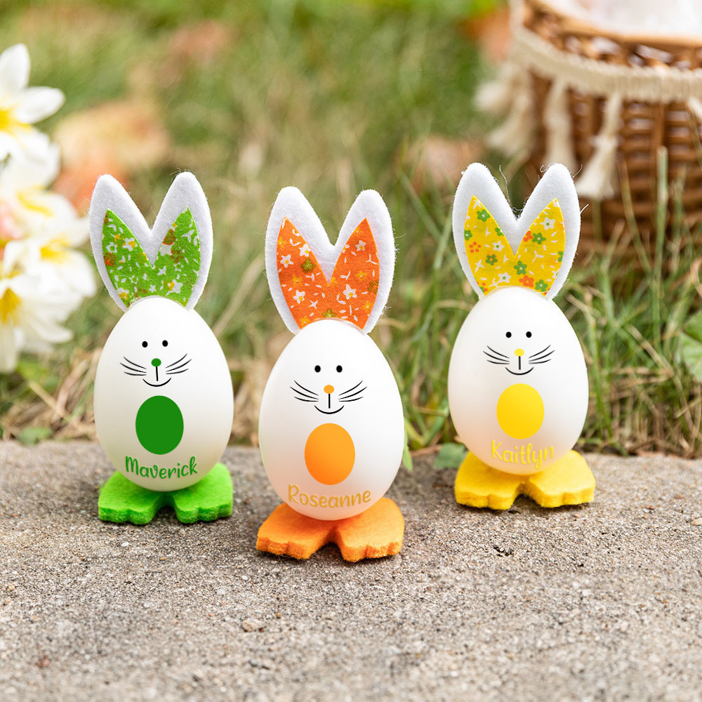 Lot de 3 Œufs de Pâques en Résine Lapin Mignon et Motifs Colorés Personnalisé avec Nom Cadeau pour Enfants
