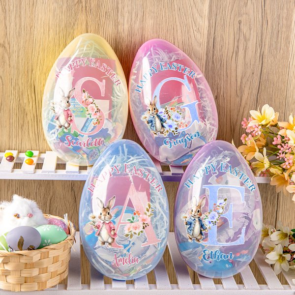 Personalized Happy Easter Bunny Flowers Initial Easter Egg with Name Basket Filler Easter Party Gift for Kids
