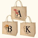 Gepersonaliseerde Duurzame Geboortebloem Jute Tote Bag met Naam Initiaal Tas Verjaardag Bruiloft Feest Cadeau voor Vrouwen