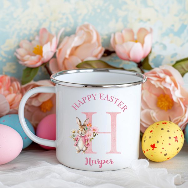 Personalised Cute Bunny Floral Initial 12oz Enamel Mug with Name Happy Easter Birthday Gift for Boys Girls