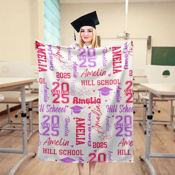Personalized Colorful 2025 Graduation Hat Soft Throw Blanket with Name and School Name Home Decor Graduation Gift for Graduates