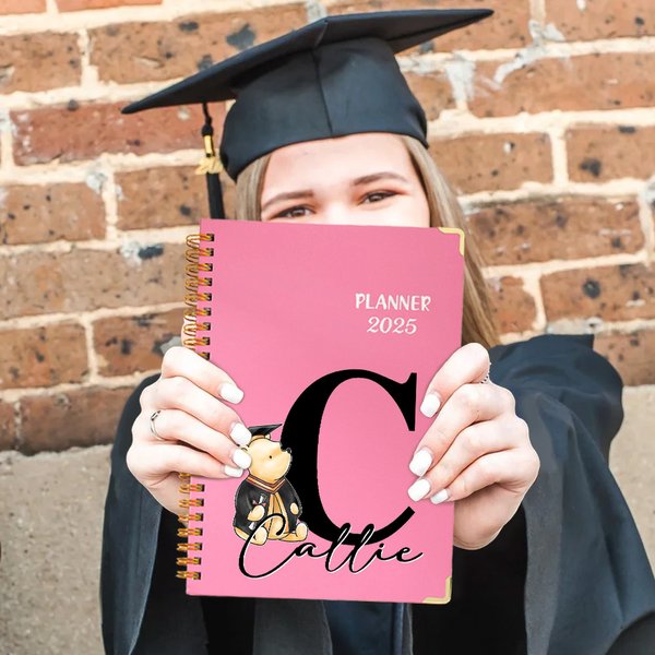 Personalized Graduation Hat Classic Winnie the Pooh 2025 Calendar Planner A5 Spiral Notebook with Name Birthday Graduation Gift for Graduates Friends